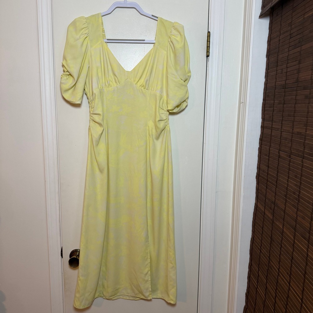 Open Edit Yellow Floral Print Square Neck Puff Sleeve Ruched Midi Dress Size M